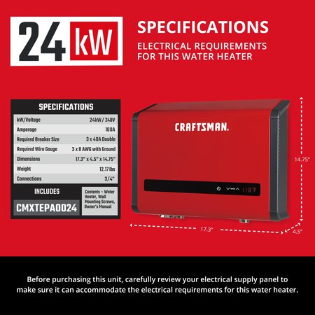 Craftsman 24kW 240-Volt 4.63 GPM Electric Tankless Water Heater, hot water heater for 1-2 Bathrooms CMXTEPA0024